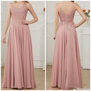 V Neck Bridesmaid Lace Appliques Chiffon Dress Formal Evening Party